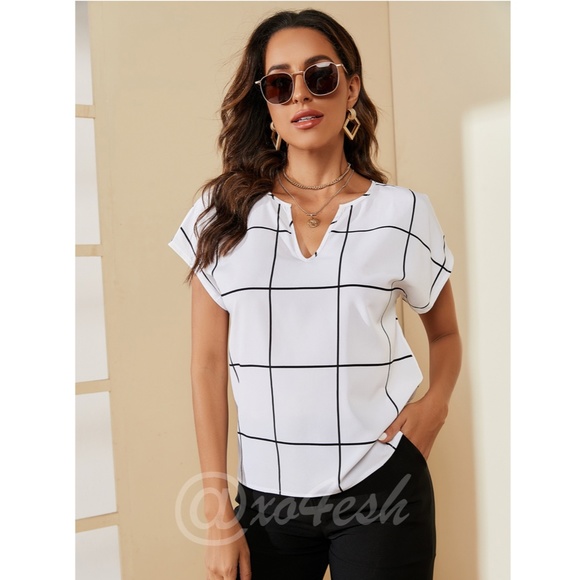 Grid Check White Blouse Tee Shirt Top - Picture 6 of 8